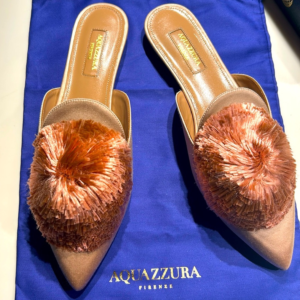 Aquazzura Firenze Satin Powder Puff Flat  Pink Size 37.5 7.5 B 650